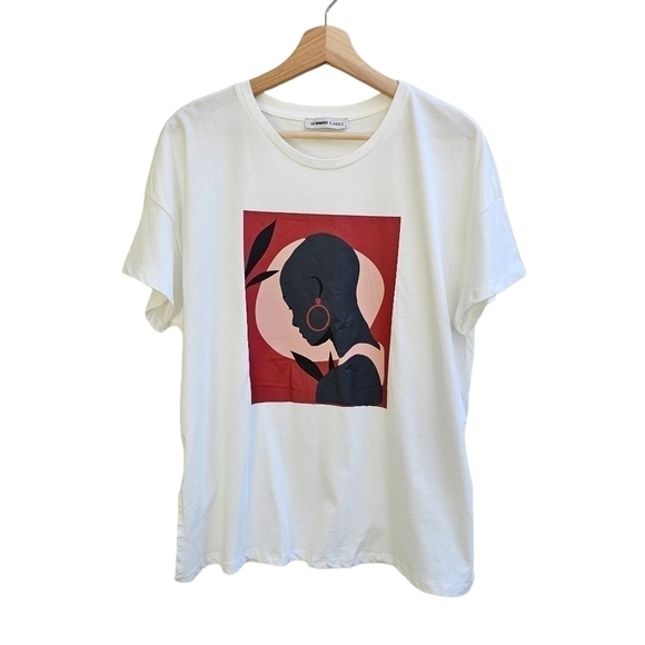 LC Waikiki Tops - LC Waikiki Classic Graphic Print T-shirt with Side Slits, Size Large, Loose Fit